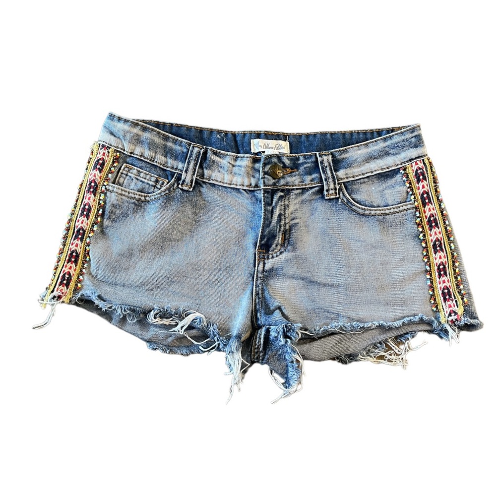 Distressed Beaded Denim Cutoff Shorts